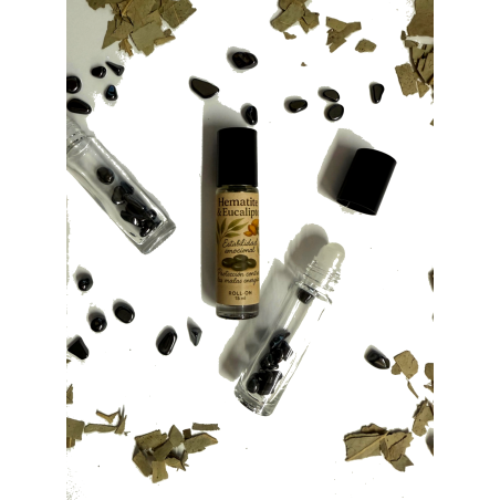Roll-on con Hematites y Aceite esencial de Eucalipto. Estabilidad Emocional y Protección.