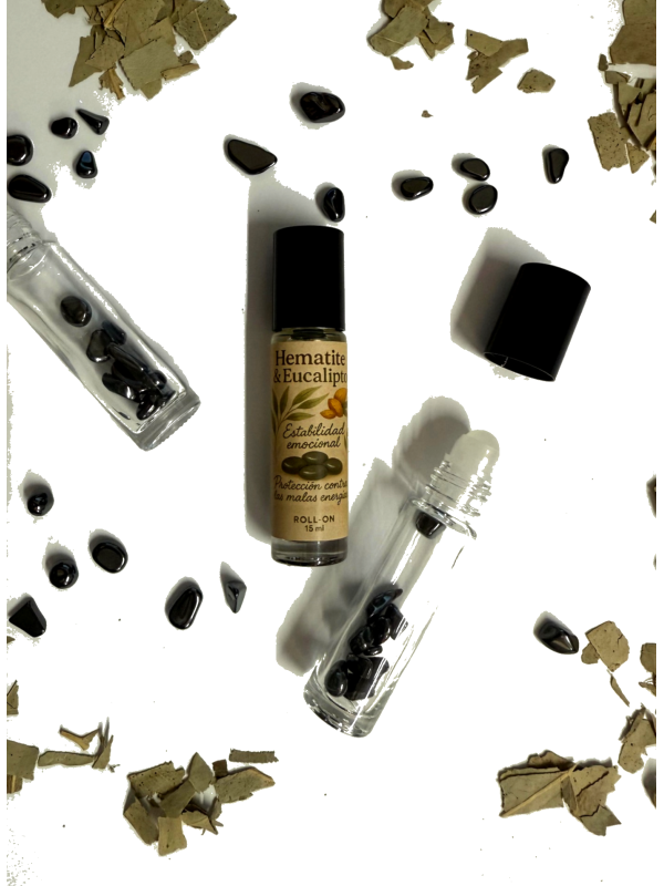 Roll-on con Hematites y Aceite esencial de Eucalipto. Estabilidad Emocional y Protección.