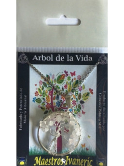 Colgante Árbol de la Vida en Circulo Mineral Cuarzo Rosa