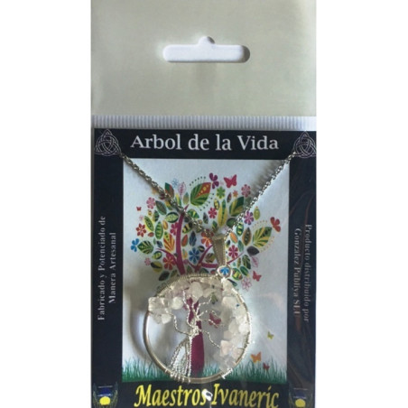 Colgante Árbol de la Vida en Circulo Mineral Cuarzo Rosa