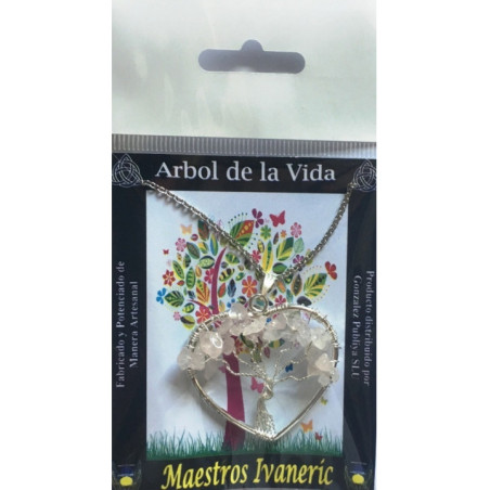 Colgante Árbol de la Vida en Corazón Mineral Cuarzo Rosa