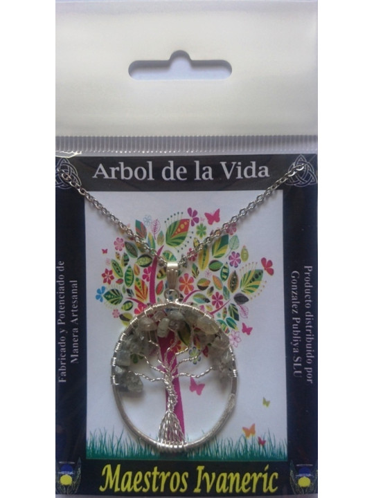 Colgante Árbol de la Vida en Circulo Mineral Ágata Gris