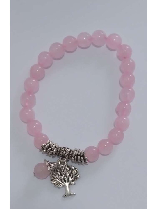 Pulsera Mineral Cuarzo Rosa con Árbol de la Vida